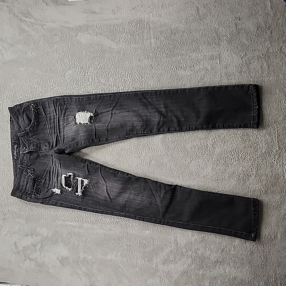 Seductions Sirens Jeans Womens Size 9 Body Sculpt Black Skinny Distressed Beaded